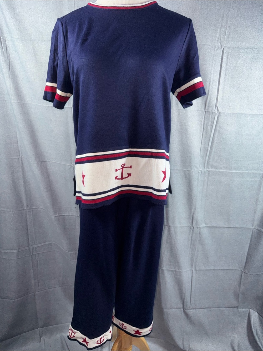 2326-Leslie Fay Haberdashery Navy, Cream & Red Anchor-Trim